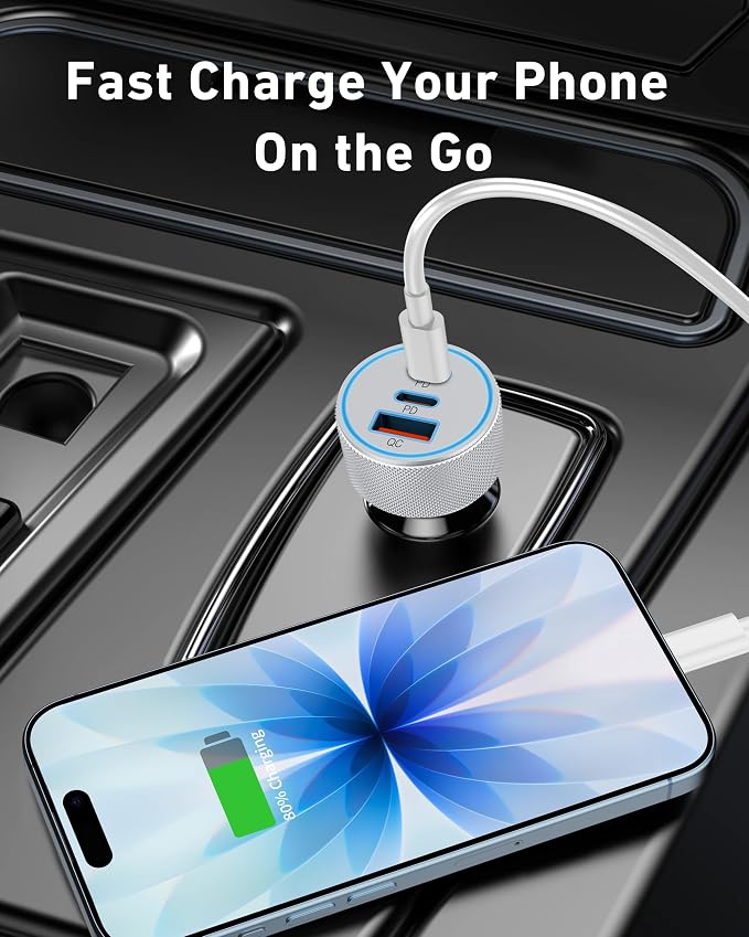 67W 3-Port Super Fast Type C Car Charger USB C for iPhone 17/Air/16/16e/15 Pro Max, Samsung Galaxy S25 S24 S23, Pixel, Android, Car Adapter Accessories for Men Women + 3FT USB-C Cable Silver