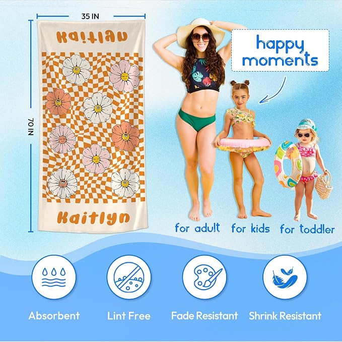 JML Personalized Beach Towel with Name, Custom Flower Beach Towel, Customized Microfiber Pool Towel, Quick Dry & Absorbent Swim Towel for Adult,Anniversary, Birthday, Summer Holiday,Vacation
