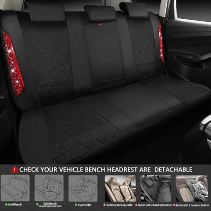 CAR PASS Oxford Bling Diamond Car Seat Covers Full Set Interior Sets, Waterproof Shining Glitter Sparkly Crystal Universal Armrest Fit 95% Automotive Truck SUV Cute Women Girl, Black Red Rhinestone