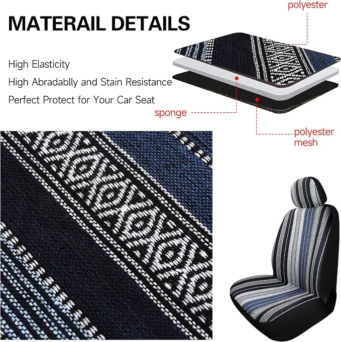 HAIYAOTIMES Baja Saddle Blanket Car Seat Covers Front Set with Seat Belt Pads, Washable Breathable Seat Covers for Cars, Universal Fit Interior Covers for Most Sedan Truck SUV, Airbag Compatible, Blue