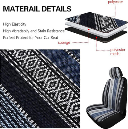 HAIYAOTIMES Baja Saddle Blanket Car Seat Covers Front Set with Seat Belt Pads, Washable Breathable Seat Covers for Cars, Universal Fit Interior Covers for Most Sedan Truck SUV, Airbag Compatible, Blue
