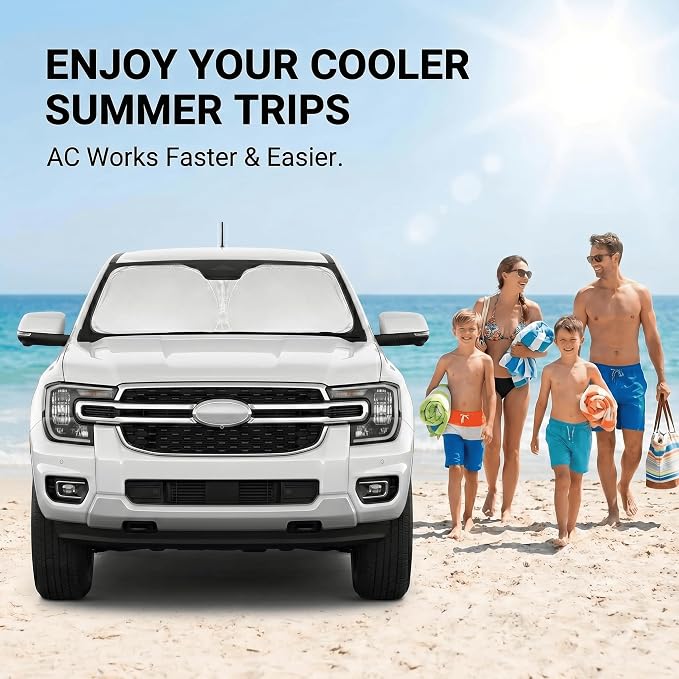 Windshield Sun Shade for Ford Ranger 2019-2024 2025 2026 Sunshade Front Window Shade Custom Fit Ranger Accessories Sun Visor Foldable Shade Blocks UV Rays Accessories