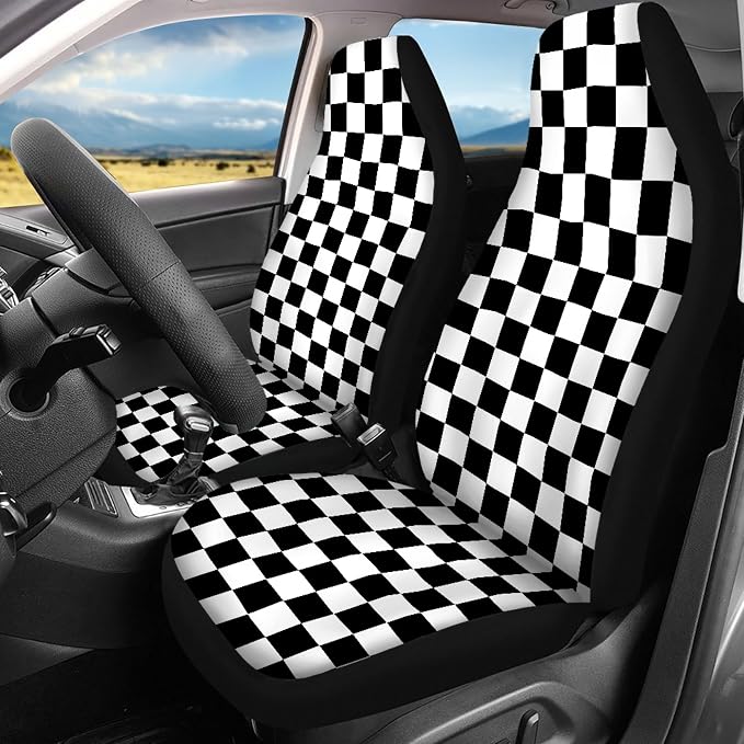 Checkered Car Seat Covers Full Set,Geometric Plaid Pattern Black White Car Racing Sports Chessboard Vehicle Front Rear Bench Cushion Protectors Auto Interior Accessories Universal for Trucks