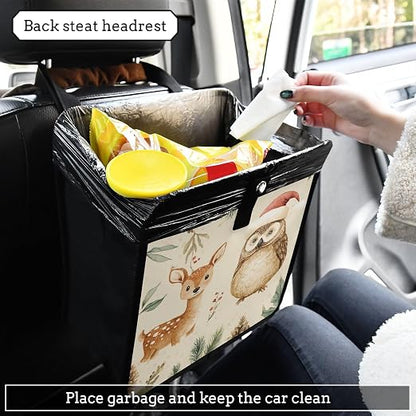 Car Trash Can Organizer Bin with Adjustable Strap for Back Front Seat Console Waterproof Leakproof Collapsible Portable 8.66 Inch Christmas Deer Owl Pinecorns Leaves Beige