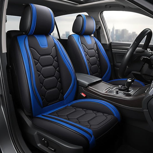 OASIS AUTO Car Seat Covers Full Set, Sporty Faux Leather with Honeycomb Pattern, Waterproof Universal Fit for SUV, Sedan, Pick-up Truck, Automotive Interior Accessories (OS-004 Black&Blue)