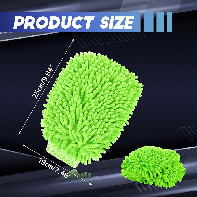 Wuyaoyao 2PCS Car Wash Mitt, 10.14"×7.12" Chenille Microfiber Car Wash Mitts, Scratch-Free & Lint-Free, Absorbent Double Sided Clean Glove for Cars Cleaning, Auto Cleaning Supplies (Fluorescent Green)