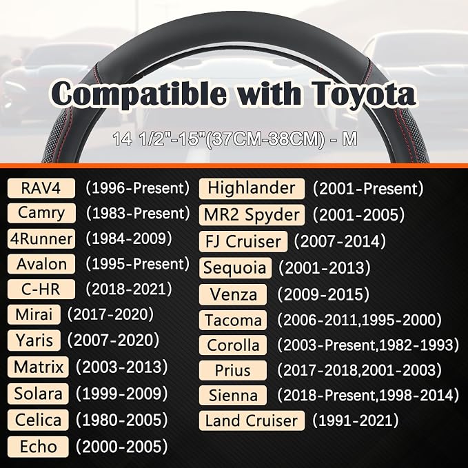 GIANT PANDA Car Steering Wheel Cover for Toyota RAV4,Camry,Highlander,Corolla,Prius,Tacoma,Standard Size - Black+Red Line
