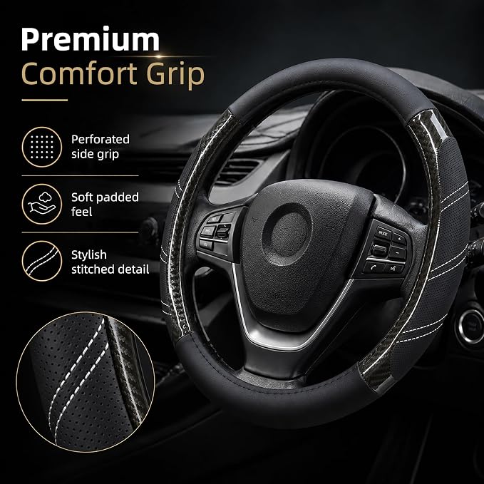 Elantrip Sport Leather Steering Wheel Cover 14 1/2 inch to 15 inch Universal, Padded Soft Grip Breathable for Car Truck SUV Jeep, Anti Slip Odorless Carbon Fiber Black