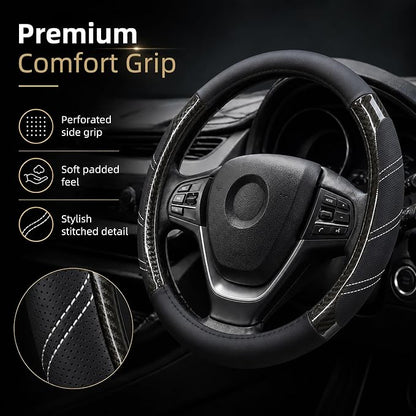 Elantrip Sport Leather Steering Wheel Cover 14 1/2 inch to 15 inch Universal, Padded Soft Grip Breathable for Car Truck SUV Jeep, Anti Slip Odorless Carbon Fiber Black