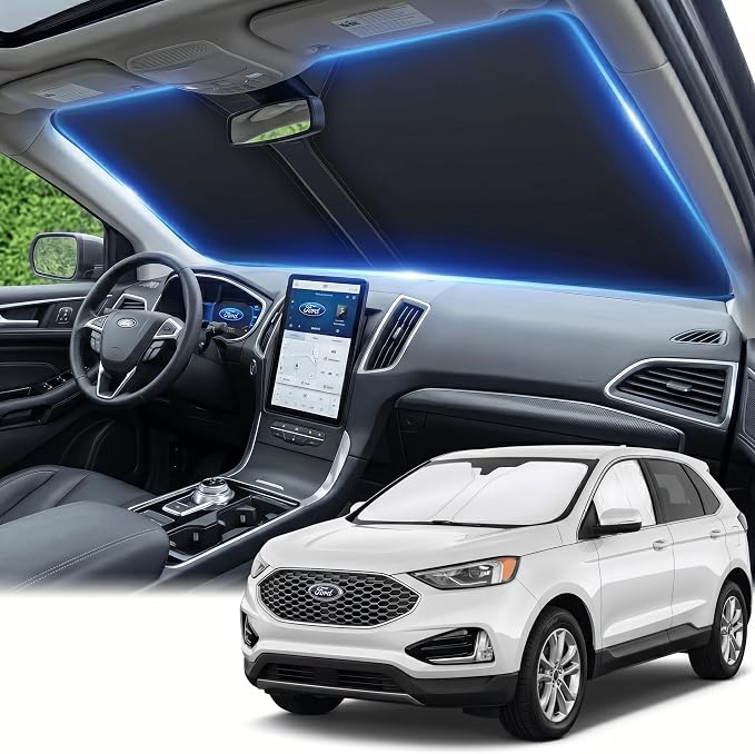 Windshield Sun Shade for Ford Edge 2015-2024 Double Layer 240T Front Window Shade Custom Fit Edge Sun Visor Foldable Shade Blocks UV Rays Summer Must Have Car Accessories