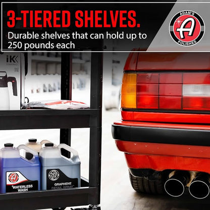 Adam's Polishes Premium Detail Cart - Car Detailing Cart 3-Tiered Shelves 250 Pound Per Shelf Capacity - Heavy Duty Casters Rolling Cart, Features Bottle Holders, Cutouts, & Pegs for Organization