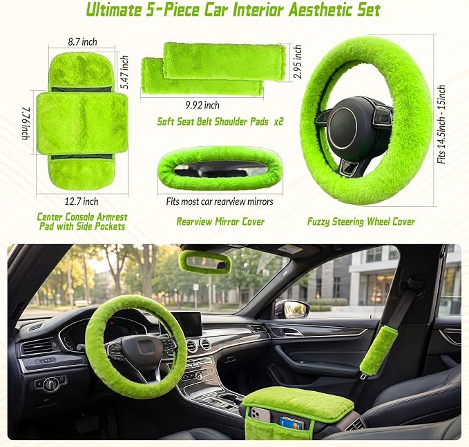 5 Pcs Fuzzy Green Car Accessories Set, Soft Fluffy Plush Steering Wheel Cover, Center Console Armrest Pad & Rearview Mirror Cover - Interior Decorations for Women,Universal Fit (Green)
