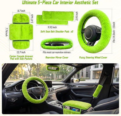 5 Pcs Fuzzy Green Car Accessories Set, Soft Fluffy Plush Steering Wheel Cover, Center Console Armrest Pad & Rearview Mirror Cover - Interior Decorations for Women,Universal Fit (Green)
