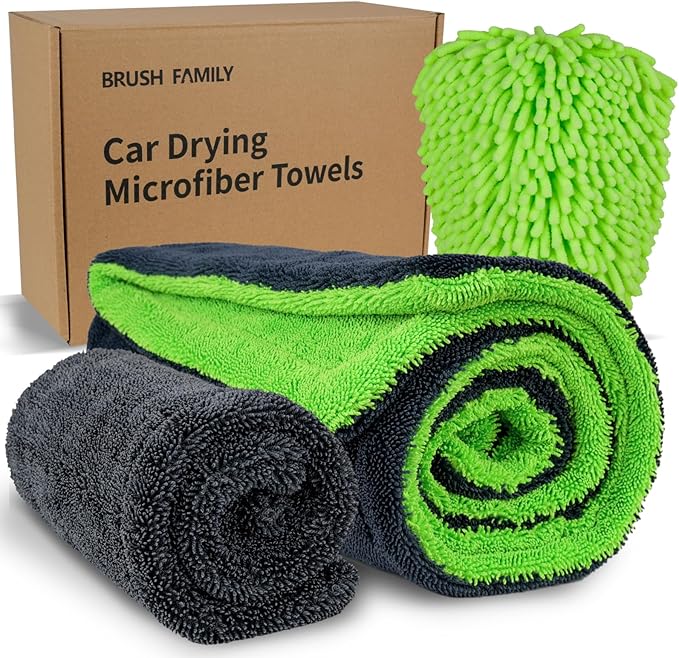 BRUSH FAMILY 3 Pack Car Microfiber Towels with Car Wash Mitt, 1200 GSM 35”x24”& 16"x16" Microfiber Car Drying Towels Ultra-Absorbent, Streak Free, Premium Double Twisted-Loop Cleaning Cloth
