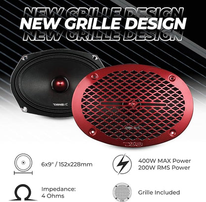 DS18 PRO-X694 BM Loudspeaker - 6x9, Midrange, Red Aluminum Bullet, 400W Max, 200W RMS, 4 Ohms - Premium Quality Audio Door Speakers for Car,Truck and Motorcycle Stereo Sound System (1 Speaker)
