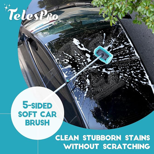 TelesPro Car Wash Brush with 3 Replaceable Brush Heads - Soft Car Brush, Chenille Car Wipe, Window Squeegee, Chenille Glove & 2 Microfiber Towel - Extension Pole Not Included.