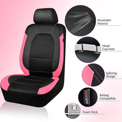 CAR PASS Leather Seat Covers, Breathable Universal Car Seat Cover Full Set for Cute Women Girly,Super 5mm Composite Sponge Inside,Airbag Compatible fits Most Auto,SUVs,Trucks,Vans(Black&Pink)