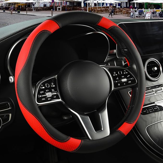 Microfiber Leather Steering Wheel Cover, Breathable, Anti Slip, 13.5 inch to 14 inch, Black with Red