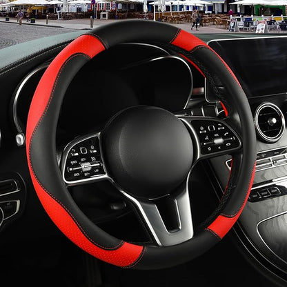 Microfiber Leather Steering Wheel Cover, Breathable, Anti Slip, 13.5 inch to 14 inch, Black with Red