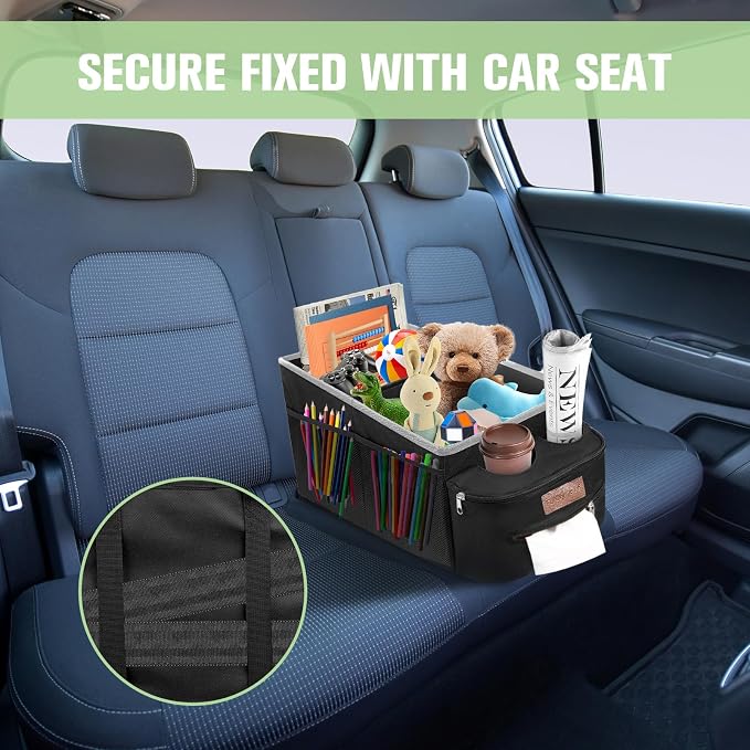 FUNNy elf Car Seat Organizer - Passenger Seat Organizer, Collapsible Car Storage with Partitions & 4 Cup Holders for Front Seat or Back Seat (white)