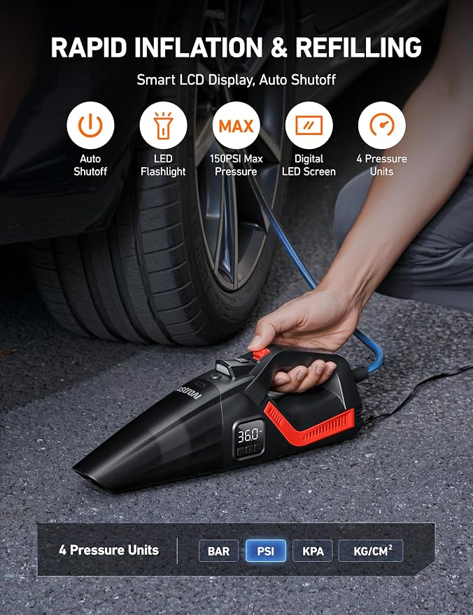 AstroAI 4-in-1 V3 12V DC High Power Handheld Car Vacuum Cleaner for Car,Home,Pet Hair Cleaning, 150 PSI 16.4FT Cord Digital Pressure Gauge & LED Light Portable Tire Inflator for Cars,Bikes,SUVs,Balls