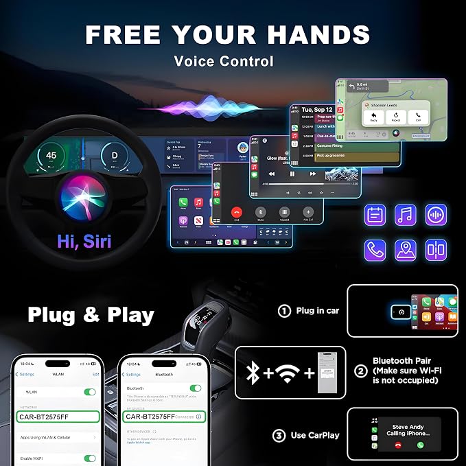 Wireless CarPlay Adapter for iPhone, Convert Wired to Wireless Apple CarPlay Adapter, Plug & Play, No Delay & Stable Control, Mini Size, USB & USB-C/Type-C for Cars 2016+ iOS10+ (Silver)