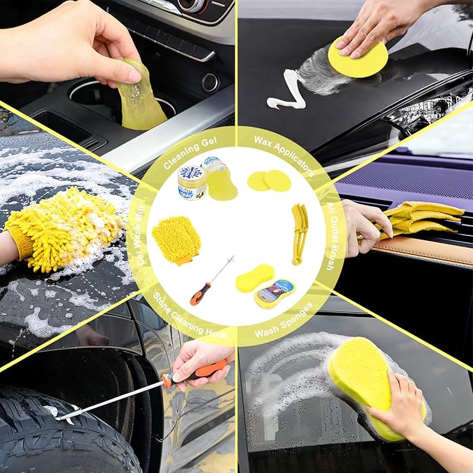 Nilight 37PCS Car Detailing Kit Auto Cleaning Tools Wash Set with Storage Carry Bag Home Use for Interior Exterior Deep Clean Car Care Windshield Dashboard Seat Air Vents Wheels Tires, Yellow