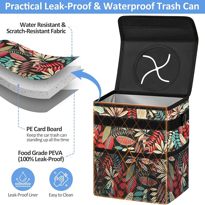 ELONGRIVER Car Trash Can Bin for Back Seat Leak Proof, Cute Car Trash Bag Hanging, Vehicle Trash Can for SUV Truck Van, Automotive Garbage Cans Front Seat Red Leaves, 2 Gallons