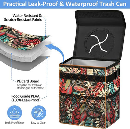 ELONGRIVER Car Trash Can Bin for Back Seat Leak Proof, Cute Car Trash Bag Hanging, Vehicle Trash Can for SUV Truck Van, Automotive Garbage Cans Front Seat Red Leaves, 2 Gallons
