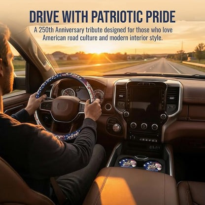Anniversary American Flag Steering Wheel Cover + 2 Pc USA Flag Car Coasters | Anniversary American Car Men Breathable Universal for 14-15 Inch Anti-Slip
