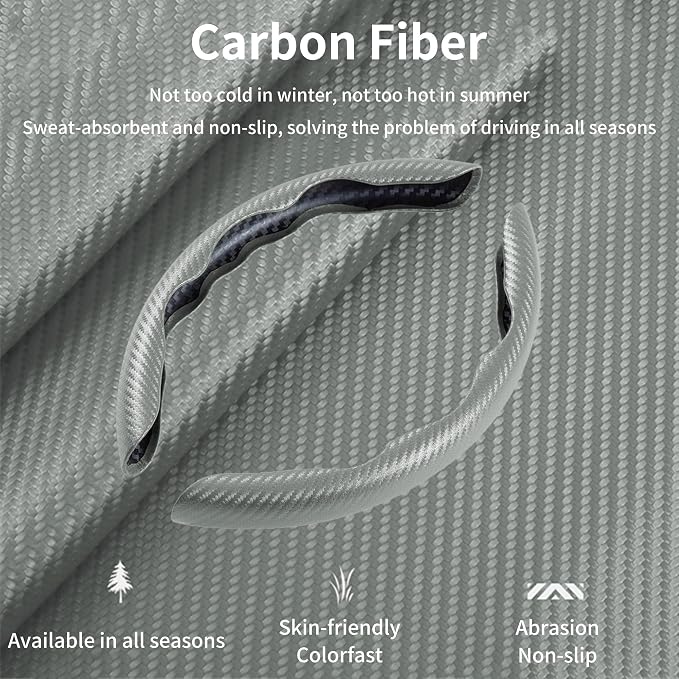 Carbon Fiber Steering Wheel Cover, 2-Piece Set Anti-Skid Comfortable Grip Segmented Butterfly Design, Easy Snap-On Installation Universal Fit 99% Cars, Gray