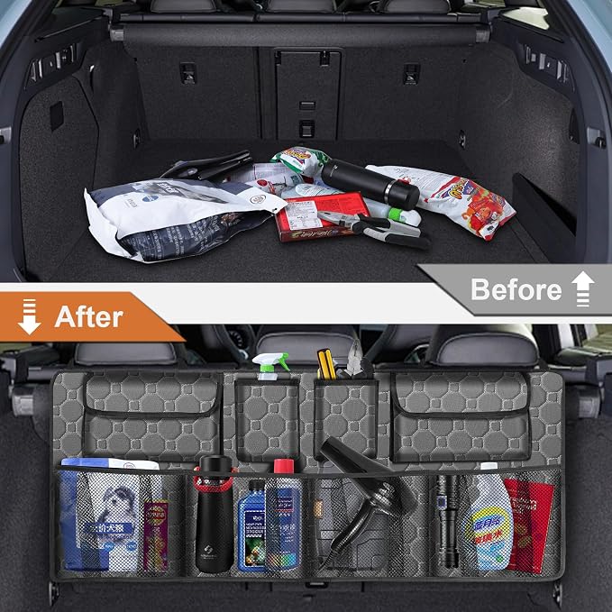 esouler Car Trunk Organizer, Super Capacity Backseat Car Organizer for SUV/Truck/MPV(42"*18"), Hanging Car Storage Organizer with 8 Pocekts, Car Accessories for Women and Men- Grey