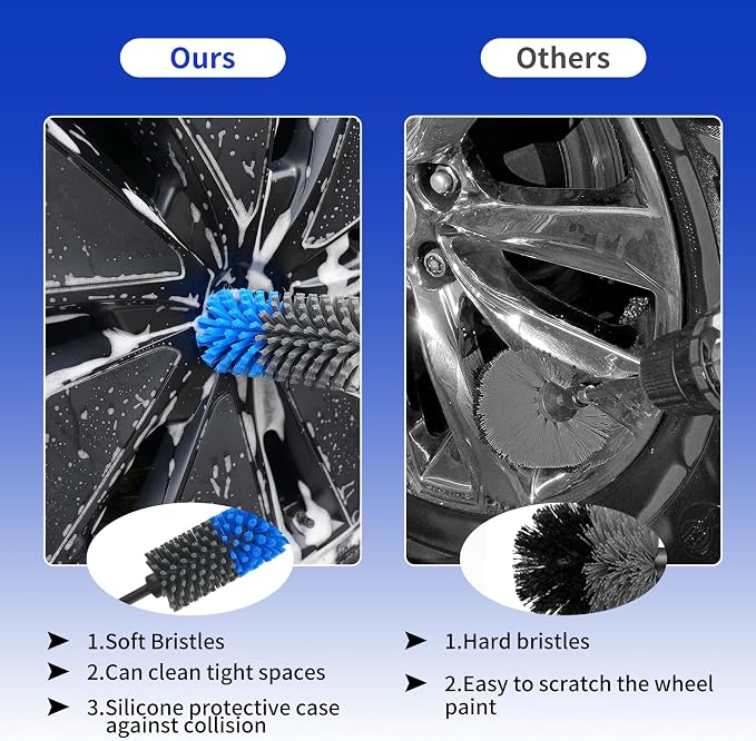Wheel Brush, Soft Drill Wheel Cleaner Brush, Drill Brush for Car Wheel, No Scratches Highly Dense and Durable Car Wheel Brush Rim Tire Car Cleaning Brush for Wheels, Rims, Engines, Exhaust