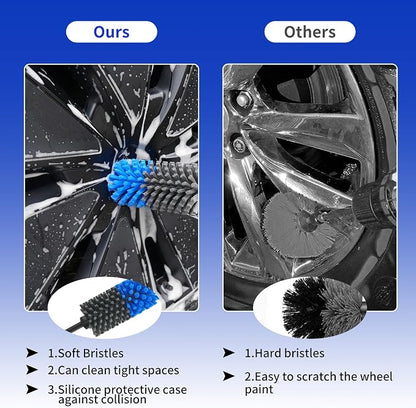 Wheel Brush, Soft Drill Wheel Cleaner Brush, Drill Brush for Car Wheel, No Scratches Highly Dense and Durable Car Wheel Brush Rim Tire Car Cleaning Brush for Wheels, Rims, Engines, Exhaust
