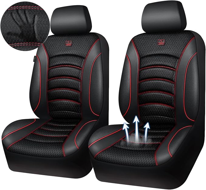 CAR PASS Comfortable 3D Foam Mesh Leather Car Seat Covers Front, Air Cool Mesh Breathable Front Seat Covers for Car, Universal Fit for SUV Truck Sedan Automotive, Airbag Compatible,Black Red
