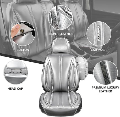 CAR PASS Ultra+ Nappa Leather Car Seat Covers Full Set Universal Cushioned, Soft Breathable Waterproof Anti-Slip Driver Seats and Backrest for SUV Pick-up Truck Sedan, 5 Seats Margiela Solid Silver