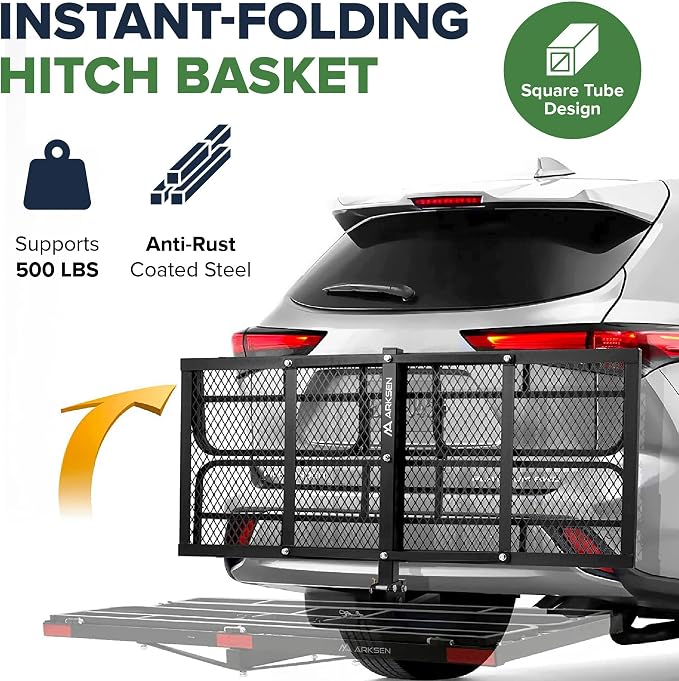 ARKSEN 60" x 25" x 14" Folding Cargo Rack Carrier with Nylon Net 500 Lbs Heavy Duty Capacity 2 Inch Receiver Luggage Basket Hitch Fold Up for SUV Pickup Camping Traveling