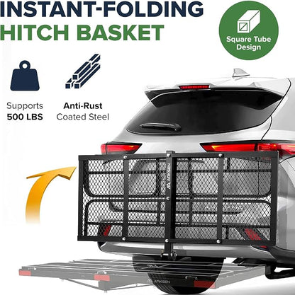 ARKSEN 60" x 25" x 14" Folding Cargo Rack Carrier with Bag, Net, Stabilizer & Straps 500 Lbs Heavy Duty Capacity 2 Inch Receiver Luggage Basket Hitch Fold Up for SUV Pickup Camping Traveling