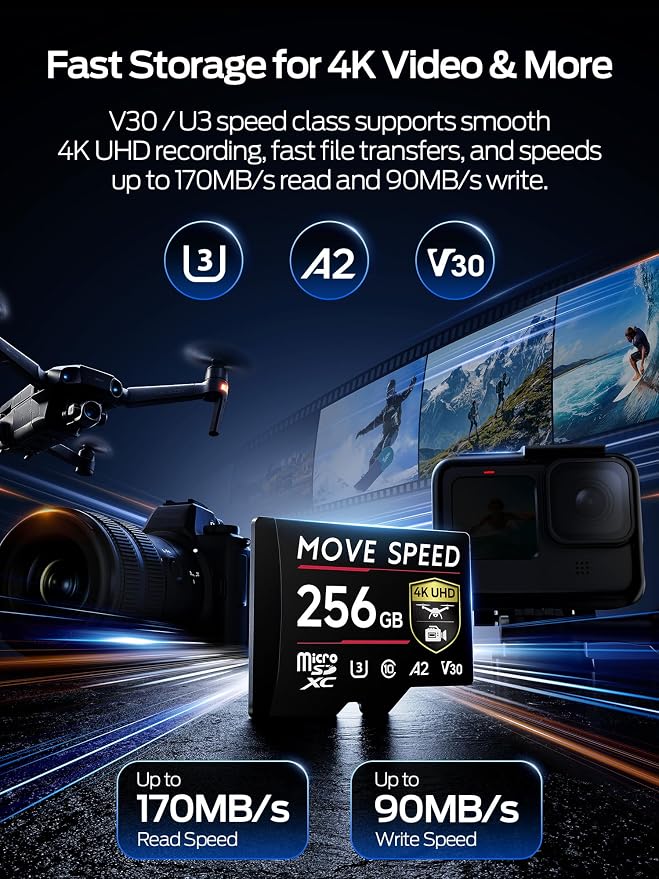 MOVE SPEED 256GB Professional microSDXC Memory Card, U3 V30 A2, Up to 170MB/s Read, 4K UHD Recording, High-Speed TF Card for Cameras, Drones, Dash Cams, Android & Handheld Gaming