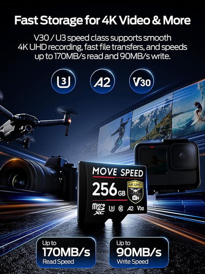 MOVE SPEED 256GB Professional microSDXC Memory Card, U3 V30 A2, Up to 170MB/s Read, 4K UHD Recording, High-Speed TF Card for Cameras, Drones, Dash Cams, Android & Handheld Gaming