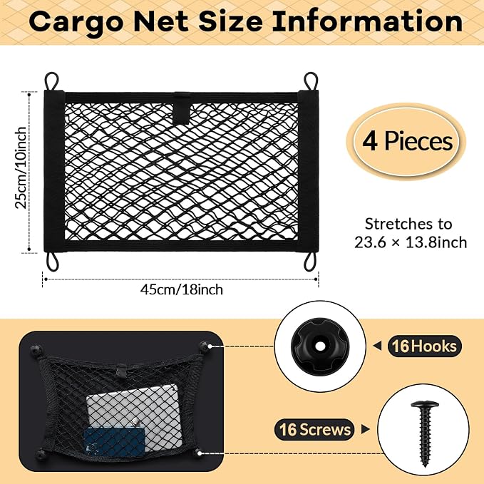 Frienda 2 Pcs Stretchable Small Cargo Net Pocket Boat Storage Mesh Net Elastic Automotive Storage Pouch with Mounting Screws and Hooks for Truck Car SUV Boats (17.7 x 9.8 Inches)