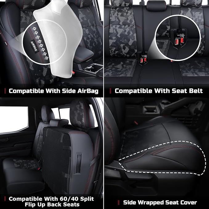 Carlimeki Leather Seat Covers Custom Fit for Tacoma Gen 4th (2024-2026) Double Cab, for SR, SR5, TRD PreRunner, TRD Sport, TRD Off-Road, Limited, Trailhunter - Armrest Covers Included - Fully Covered