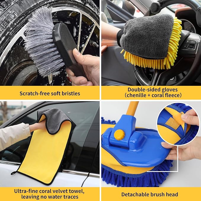 5PCS Car Wash Brush with Long Handle, 15°Curved Car Cleaning Brush with Replaceable Head Cover, Truck Washing Brushwith Telescopic Handle Wash Mop Kit (Blue)