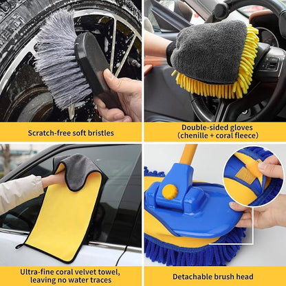 5PCS Car Wash Brush with Long Handle, 15°Curved Car Cleaning Brush with Replaceable Head Cover, Truck Washing Brushwith Telescopic Handle Wash Mop Kit (Blue)