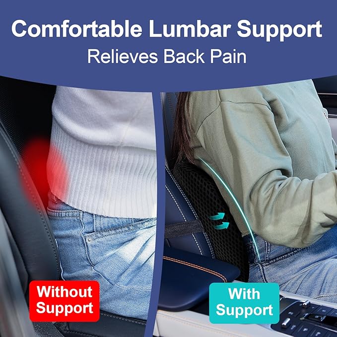 BYMECOST Lumbar Support Pillow for Car, Memory Foam Car Seat Back Support Pillow for Driving, Back Cushion with Strap for Pain Relief, Ergonomic Back Cushion for Office Chair, Wheelchair (Black)