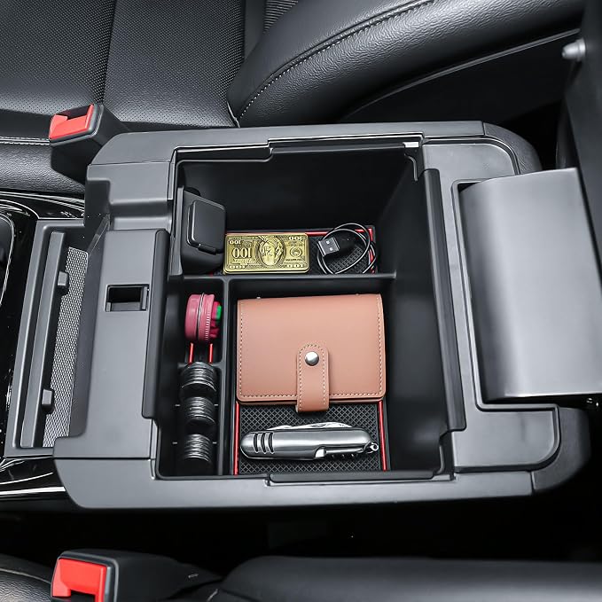 2020-2025 2026 Ford Explorer Console Organizer Tray Compatible with 2020+ Explorer Accessories, Easy Access to Charging Port, Armrest Storage Box with Coin Holder & Rubber Mats, Red Trim