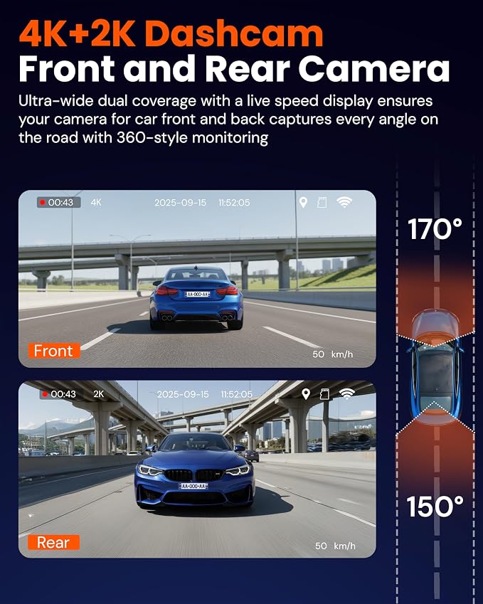 TORVO TD3 4K+2K Dash Cam with App, Camera for Car Front and Back with 5G WiFi & GPS, Free 64GB Card, Night Vision Dashcam Front Cameras 24/7 Recording When Car is Off, Security Camera for Cars