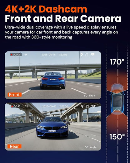 TORVO TD3 4K+2K Dash Cam with App, Camera for Car Front and Back with 5G WiFi & GPS, Free 64GB Card, Night Vision Dashcam Front Cameras 24/7 Recording When Car is Off, Security Camera for Cars