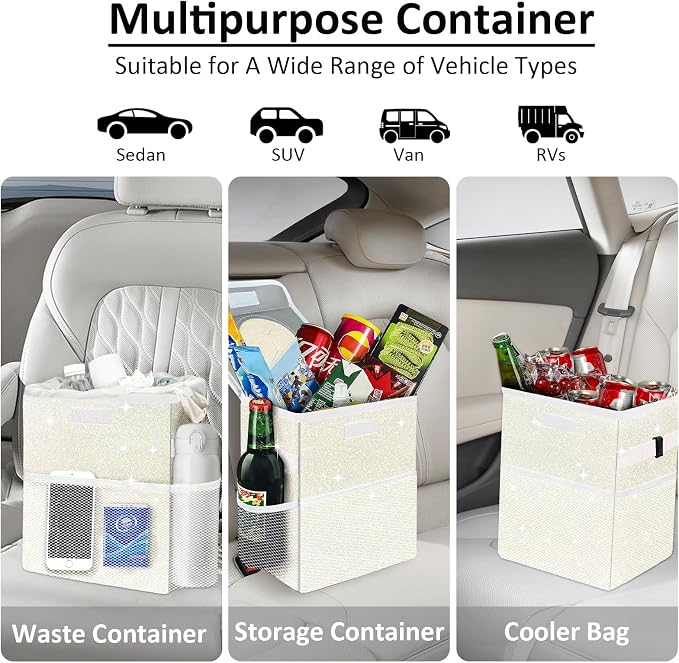Cute Mini Car Trash Bag with Lid, Glitter Garbage Can Bin Hanging for Back/Front Seat/Console, Waterproof, Leakproof, 2.5 Gallon, Beige Cream Bling Sparkly