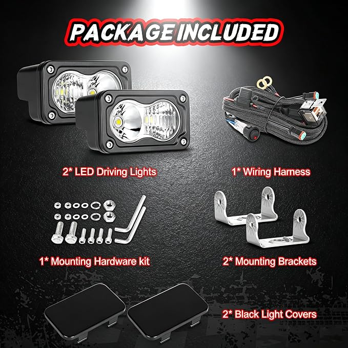3 Inch Driving Pod Lights with Wiring Harness & Black Covers 2Pcs Off Road Light Bar Spot Flood Combo Work Light LED Pods Auxiliary Backup Cube Lights for Truck ATV UTV Motorcycle Boat